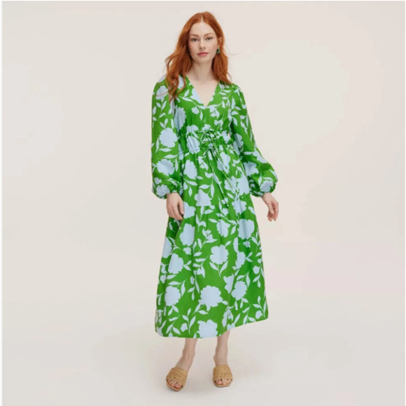 Classic Rose Linen Long Sleeve Dress Green Light Blue Sz Large Kate Spade NY NWT - Picture 1 of 7